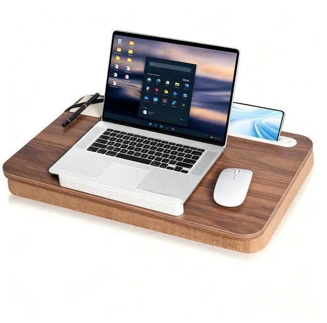 Main image of Wooden Lap Desk with Handle, Natural Wood Grain Finish, Portable Laptop Table with pohone Slots