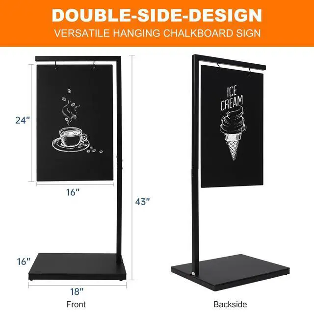 Alt view image 2 of 7 - Chalkboard Signs with Stand, 43" x 18" Black Metal Easel, Double-Sided Hanging Outdoor Chalkboard Sign for Cafe Bar, Bistro, Florist, or Wedding