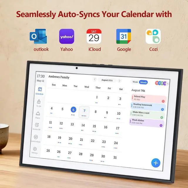 Alt view image 2 of 7 - Digital Calendar 10.1 Inch Smart Electronic Planner, IPS Touch Screen, 32GB, Electronic Slideshow, Wall-mounted with Third-Party Calendar Sync, Chore Tracker, Meal Plan & Photo Display, Gifs for Mom