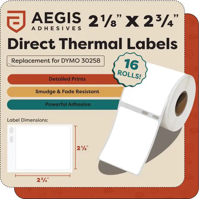 Alt view image 2 of 7 - Replacement for DYMO 30258 (16 Rolls, 6400 Labels) 2 1/8" X 2 3/4" Direct Thermal Barcode and Address Labels - Compatible with LabelWriter 450, 450 Turbo, 4XL (NOT 550, 5XL)
