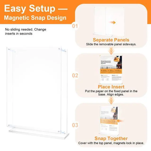 Alt view image 3 of 5 - 11x17 Acrylic Sign Holder Table Top with Magnetic Corners, 4-Pack Quick Change Display Stand for Menus, Posters and Ads, Restaurant, Office, Events,