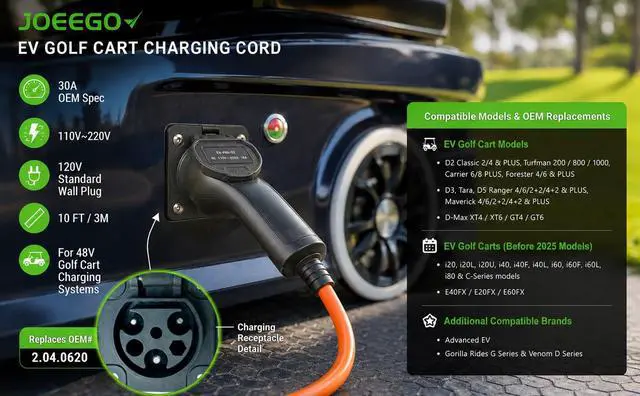 Alt view image 4 of 7 - Charging Power Cord Assembly for D2, D3, D5 & D-Max EV Golf Cart, for i20/i20U/i20L/i40/i40F/i40L/i60/i60F/i60L/i80 Model, 30A 110V~220V, Replaces OEM# 2.04.0620 (Orange 10ft Plus)