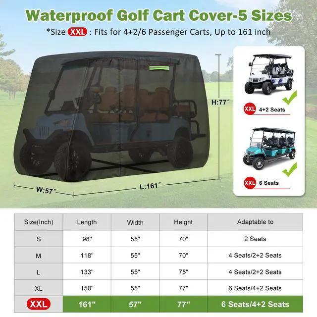 Alt view image 2 of 7 - Waterproof Golf Cart Cover 6 Passenger for Yamaha/Evolution/Tomberlin/ICON/Star EV, Heavy Duty Sun Rain Dust Protection 4+2/6 Passenger Golf Cart Cover with Soft Cotton Lining & Door Zipper-XXL