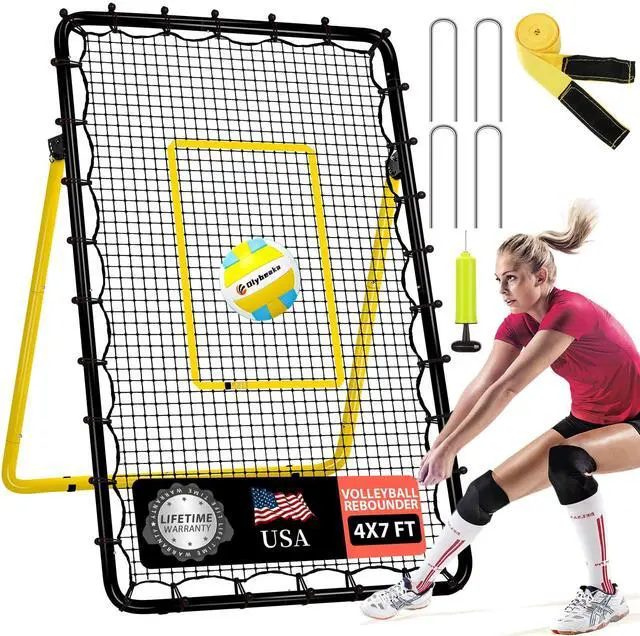 Main image of 6-Angle Adjustable Volleyball Rebounder Net 7x4ft, High Stable Bounce Back Training Equipment for Practicing Volleying Bumping Spiking with High-Tension Net, PU Volleyball and Pump, Stakes