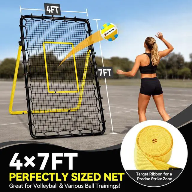 Alt view image 7 of 7 - 6-Angle Adjustable Volleyball Rebounder Net 7x4ft, High Stable Bounce Back Training Equipment for Practicing Volleying Bumping Spiking with High-Tension Net, PU Volleyball and Pump, Stakes