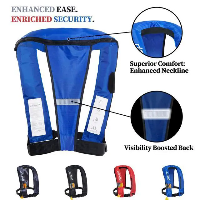 Alt view image 7 of 7 - Automatic/Manual Inflatable Vest, Manual Convertible Option, Low Profile, Zipper Closure, Inflatable Fishing Jacket for Kayaking, Boating and Fishing, 24g CO2 Cylinder Included