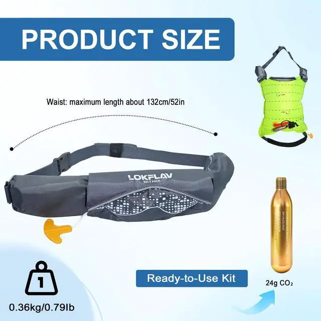 Alt view image 2 of 7 - Manual Inflatable Belt PFD for Adults with CO2 Cartridge, Fits Waist 30-52 in, Weight 80-330 Ibs, 130N Buoyancy, Ideal for Kayaking, Fishing, Sailing and All Recreational Water Sports