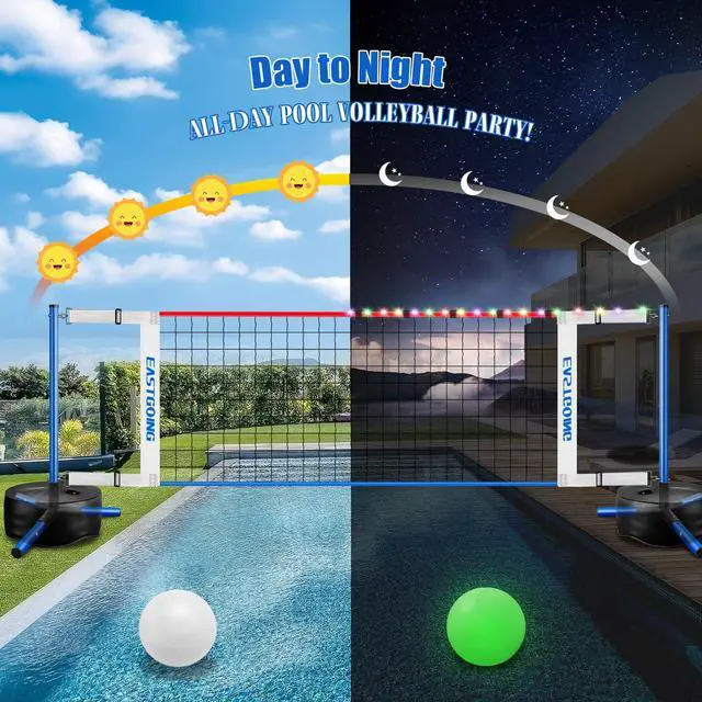 Alt view image 3 of 7 - Pool Volleyball Net Set with Light,Adjustable Length 15-25FTSwimming Pool Volleyball Net System with 2 Water Volleyballs and Heavy Duty Base
