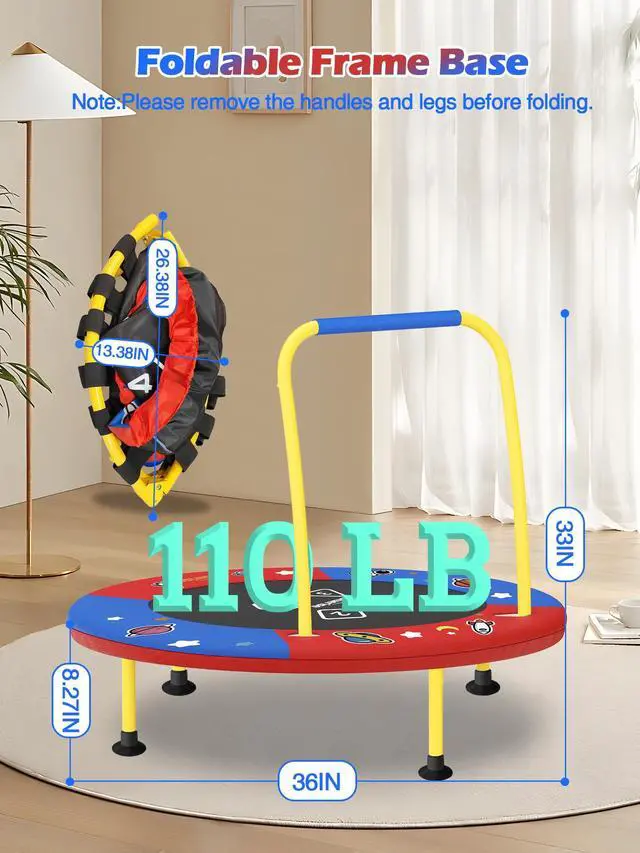 Alt view image 4 of 7 - 3FT Toddler Trampoline Easy to Assemble Indoor/Outdoor Ages 1-6 | ASTM-CERT Kids TrampolineEasy to AssembleFoam HandleQuiet Elastic BandsNo-Gap MatIndoor/OutdoorKids GiftPortable