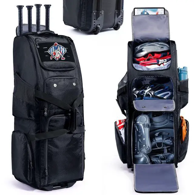Main image of Rolling Baseball Bat Bag with Wheels, Large Capacity Gear Bag Holds 4 Bats, Reinforced Hard Base & Structured Back Panel, Top & Bottom Grab Handles, Shoe & Helmet Compartments for Youth &Adult Players