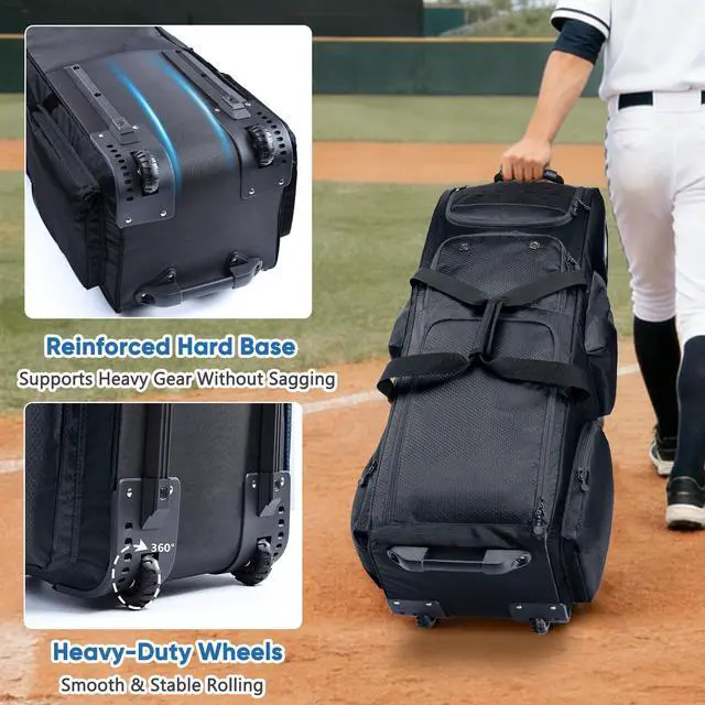 Alt view image 2 of 7 - Rolling Baseball Bat Bag with Wheels, Large Capacity Gear Bag Holds 4 Bats, Reinforced Hard Base & Structured Back Panel, Top & Bottom Grab Handles, Shoe & Helmet Compartments for Youth &Adult Players