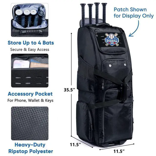 Alt view image 3 of 7 - Rolling Baseball Bat Bag with Wheels, Large Capacity Gear Bag Holds 4 Bats, Reinforced Hard Base & Structured Back Panel, Top & Bottom Grab Handles, Shoe & Helmet Compartments for Youth &Adult Players