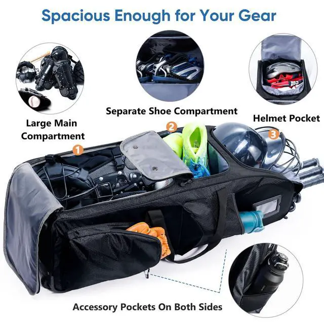 Alt view image 4 of 7 - Rolling Baseball Bat Bag with Wheels, Large Capacity Gear Bag Holds 4 Bats, Reinforced Hard Base & Structured Back Panel, Top & Bottom Grab Handles, Shoe & Helmet Compartments for Youth &Adult Players