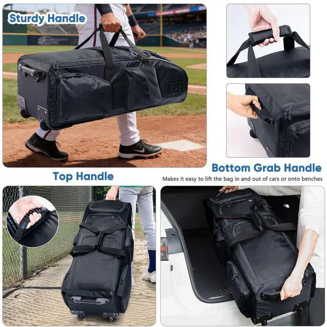 Alt view image 5 of 7 - Rolling Baseball Bat Bag with Wheels, Large Capacity Gear Bag Holds 4 Bats, Reinforced Hard Base & Structured Back Panel, Top & Bottom Grab Handles, Shoe & Helmet Compartments for Youth &Adult Players