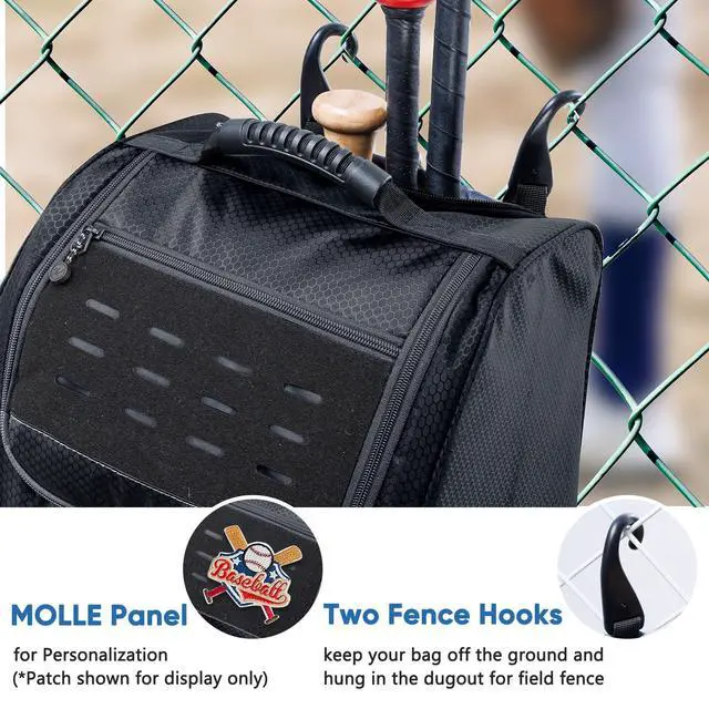 Alt view image 6 of 7 - Rolling Baseball Bat Bag with Wheels, Large Capacity Gear Bag Holds 4 Bats, Reinforced Hard Base & Structured Back Panel, Top & Bottom Grab Handles, Shoe & Helmet Compartments for Youth &Adult Players