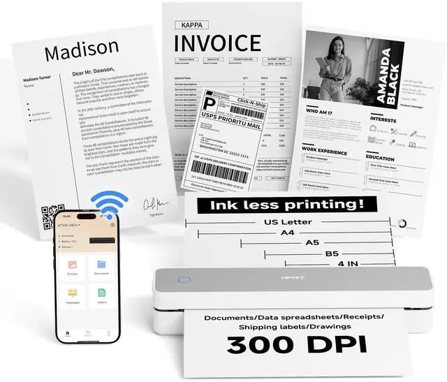 Main image of MT610 Pro Portable Printer Wireless for Travel, Inkless Thermal Printer for iOS/Andorid/Laptop, Support Thermal Paper & Labels,Supports 8.5"x 11"US Letter & A4, A5 for Office/School/Vehicles