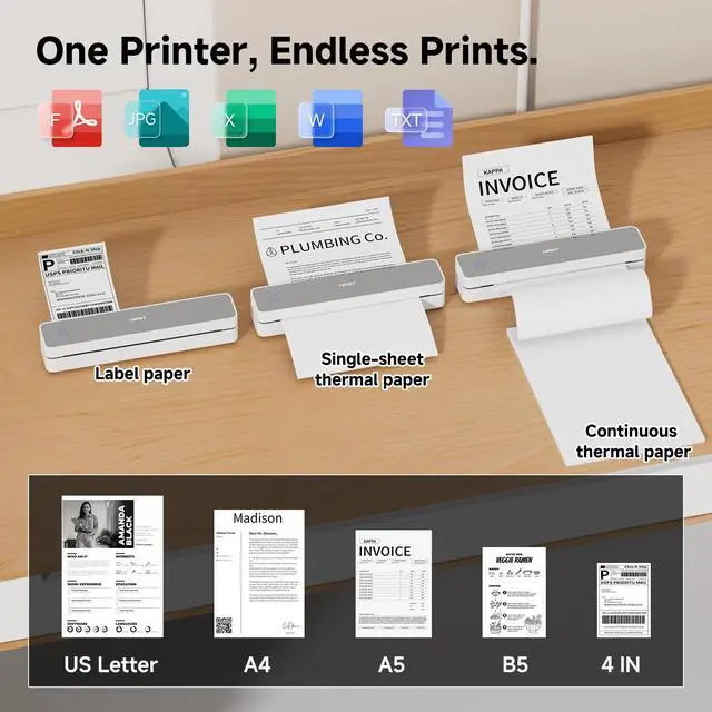 Alt view image 2 of 7 - MT610 Pro Portable Printer Wireless for Travel, Inkless Thermal Printer for iOS/Andorid/Laptop, Support Thermal Paper & Labels,Supports 8.5"x 11"US Letter & A4, A5 for Office/School/Vehicles