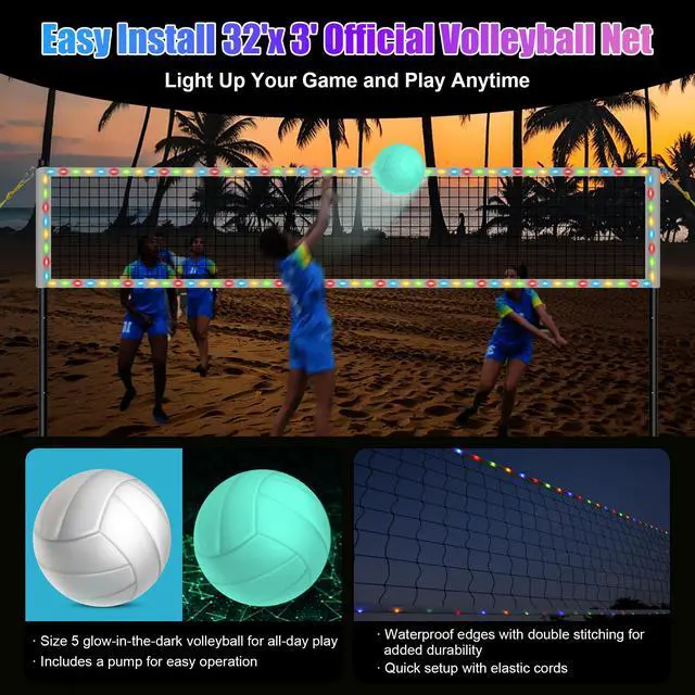 Alt view image 3 of 7 - LED Volleyball Net Outdoor, Professional Light Up Volleyball Net with Solar Rope Light, 32x3ft Portable Heavy Duty Volleybal Net Set with Glow in The Dark Volleyball & Carry Bag for Backyard, Beach