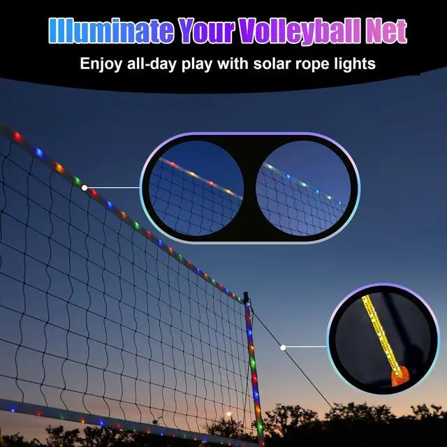Alt view image 4 of 7 - LED Volleyball Net Outdoor, Professional Light Up Volleyball Net with Solar Rope Light, 32x3ft Portable Heavy Duty Volleybal Net Set with Glow in The Dark Volleyball & Carry Bag for Backyard, Beach