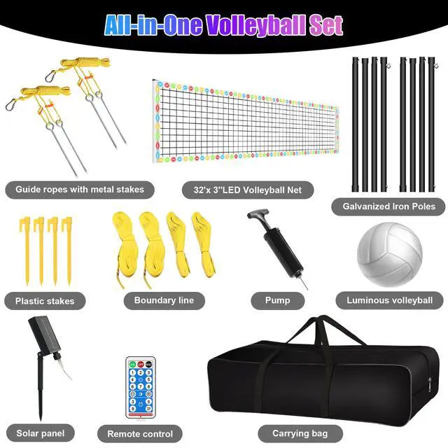 Alt view image 7 of 7 - LED Volleyball Net Outdoor, Professional Light Up Volleyball Net with Solar Rope Light, 32x3ft Portable Heavy Duty Volleybal Net Set with Glow in The Dark Volleyball & Carry Bag for Backyard, Beach