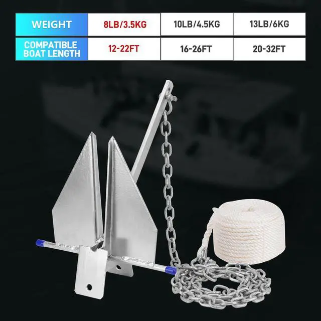 Alt view image 3 of 7 - Heavy Duty Boat Anchor Kit, Fluke Style with Chain and Rope Set, Compatible with Pontoon, Deck, Fishing, and Sailboats, Galvanized Steel