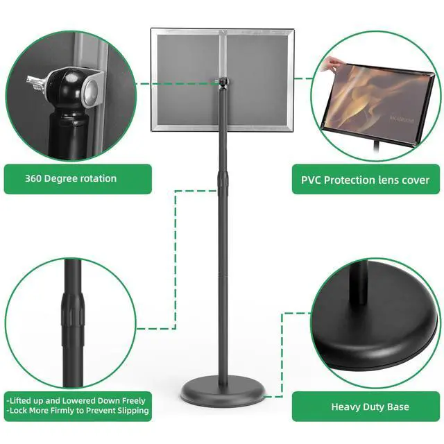 Alt view image 3 of 7 - 2Pack Sign Stand 8.5x11 Inch, Adjustable Floor Standing Sign Holder | Heavy Duty Poster Stand Aluminum, Snap Open Frame, 360° Rotation Vertical Horizontal, Round Base for Mall, School, Restaurant