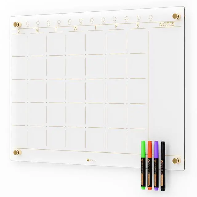 Main image of Clear Glass Monthly Dry Erase Calendar Board for Wall, 17" x 23" | Large Monthly Planner, Easy Installation, Non-Magnetic, Frameless Tempered Glass, 4 Markers Included