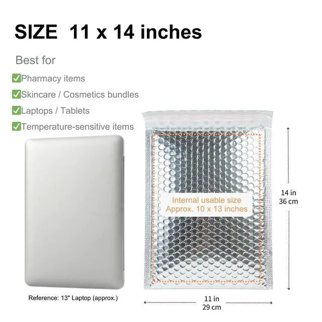 Alt view image 2 of 7 - 50 Pack 11x14 Inch Insulated Bubble Mailers for Cold Shipping, Silver Foil | Metallic Thermal Padded Shipping Bags with Self-seal Closure, Water-resistant and Protective Bubble Cushioning Envelopes