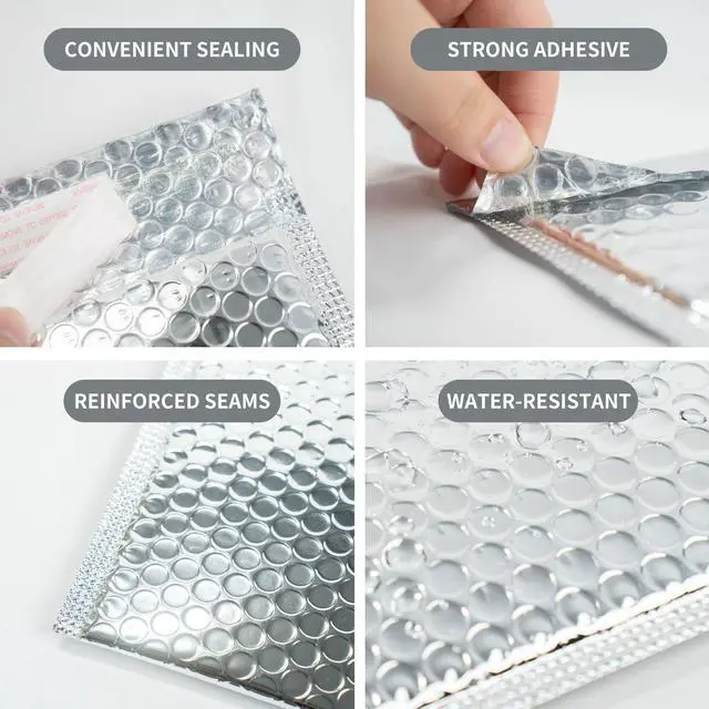 Alt view image 4 of 7 - 50 Pack 11x14 Inch Insulated Bubble Mailers for Cold Shipping, Silver Foil | Metallic Thermal Padded Shipping Bags with Self-seal Closure, Water-resistant and Protective Bubble Cushioning Envelopes