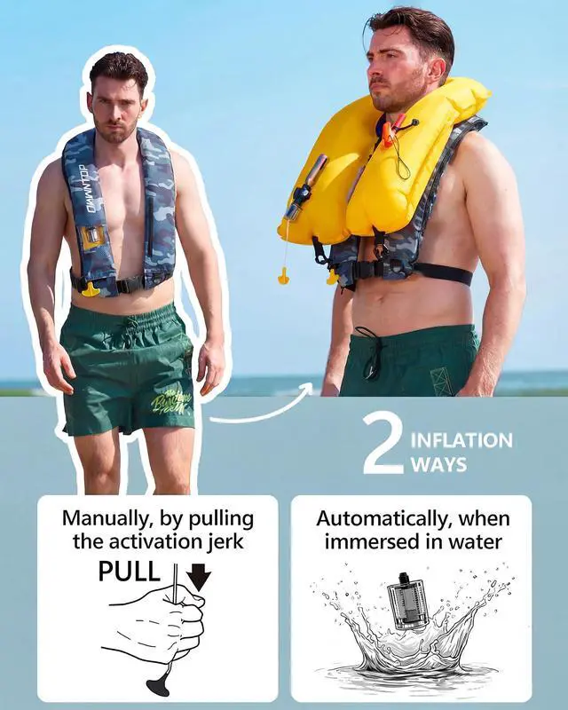 Alt view image 2 of 7 - Automatic/Manual Inflatable Vest, Manual Convertible Option, Low Profile, Zipper Closure, Inflatable Fishing Jacket for Kayaking, Boating and Fishing, 24g CO2 Cylinder Included