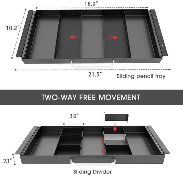 Alt view image 2 of 7 - Large Size Under Desk Slide out Pencil Drawer with Adjustable Space Divider Design for Storing Pencil and Office Accessories, Underdesk Pull out Tray Organizer Mounted for Sit Stand Workstation