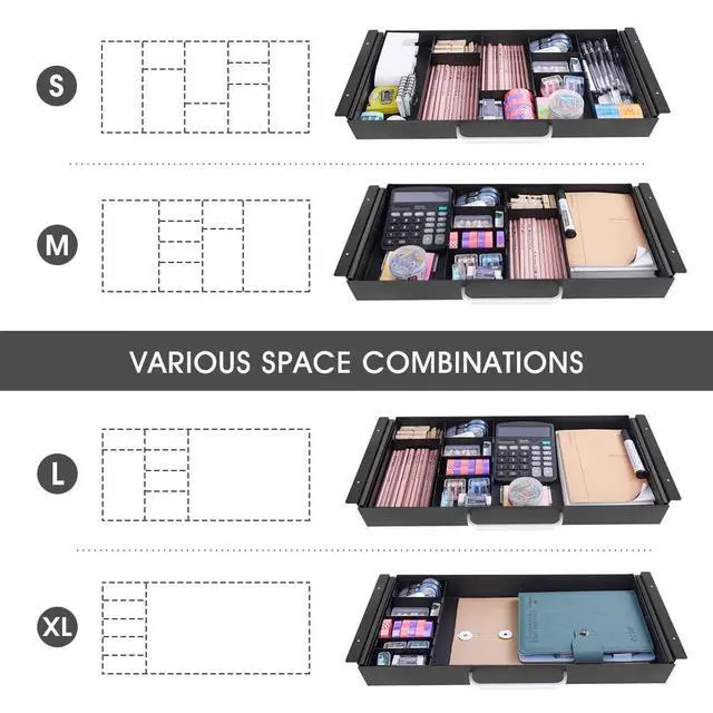 Alt view image 4 of 7 - Large Size Under Desk Slide out Pencil Drawer with Adjustable Space Divider Design for Storing Pencil and Office Accessories, Underdesk Pull out Tray Organizer Mounted for Sit Stand Workstation