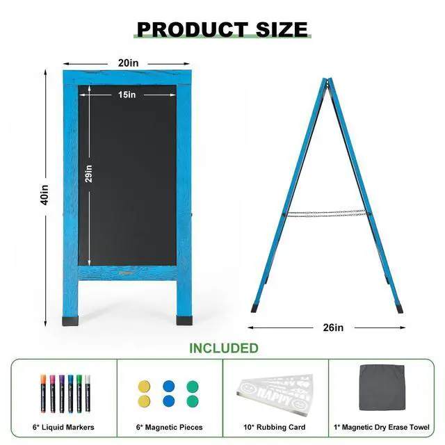 Alt view image 2 of 7 - Large Sandwich A-Frame Chalkboard Signs, 40" x 20" Magnetic Board | Blue Wooden Chalk Board, Double-Sided Outdoor Chalkboard for Sidewalk Cafe Shop Wedding Party or Business