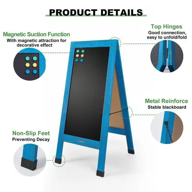 Alt view image 3 of 7 - Large Sandwich A-Frame Chalkboard Signs, 40" x 20" Magnetic Board | Blue Wooden Chalk Board, Double-Sided Outdoor Chalkboard for Sidewalk Cafe Shop Wedding Party or Business