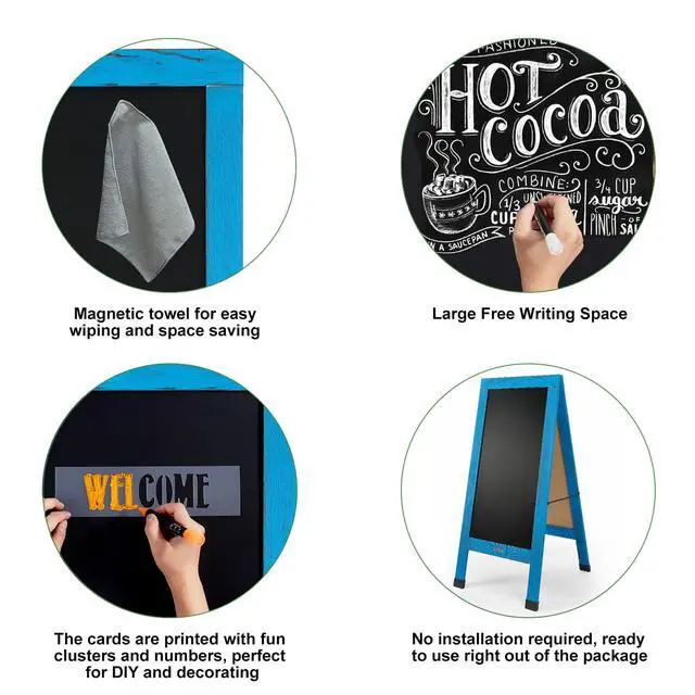 Alt view image 6 of 7 - Large Sandwich A-Frame Chalkboard Signs, 40" x 20" Magnetic Board | Blue Wooden Chalk Board, Double-Sided Outdoor Chalkboard for Sidewalk Cafe Shop Wedding Party or Business