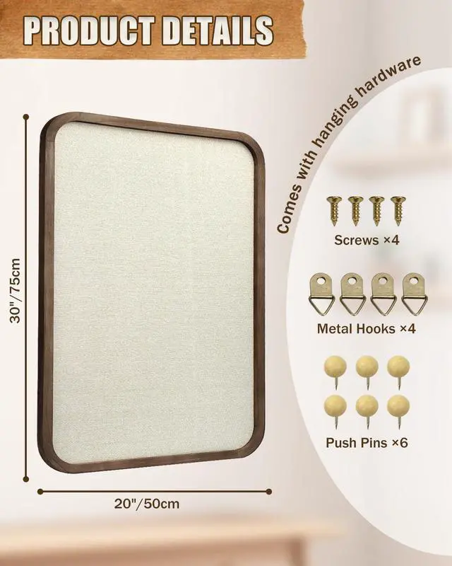 Alt view image 2 of 7 - Linen Bulletin Board, Pin Board for Walls, Fabric Bulletin Board, Large Pin Board for Home Kitchen Office Decorative, 20"x30" Linen Brown Wood Frame Cork Board(BN-5075)