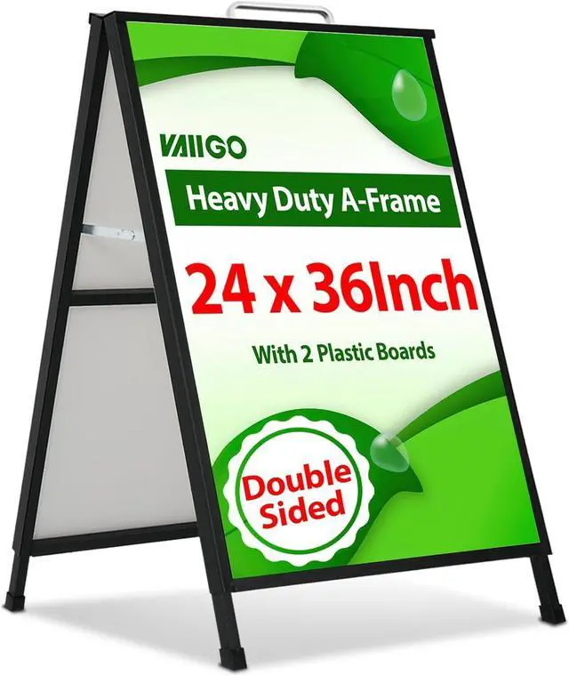 Main image of A Frame Sidewalk Sign 24 x 36 Inch Outdoor, Double-Sided Folding Sandwich Board with Handle, Heavy Duty Metal Slide-in A-Frame for Business, Advertising, Party, with 2 Plastic Boards