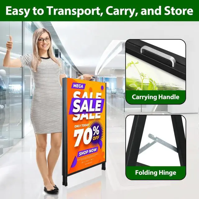 Alt view image 3 of 7 - A Frame Sidewalk Sign 24 x 36 Inch Outdoor, Double-Sided Folding Sandwich Board with Handle, Heavy Duty Metal Slide-in A-Frame for Business, Advertising, Party, with 2 Plastic Boards