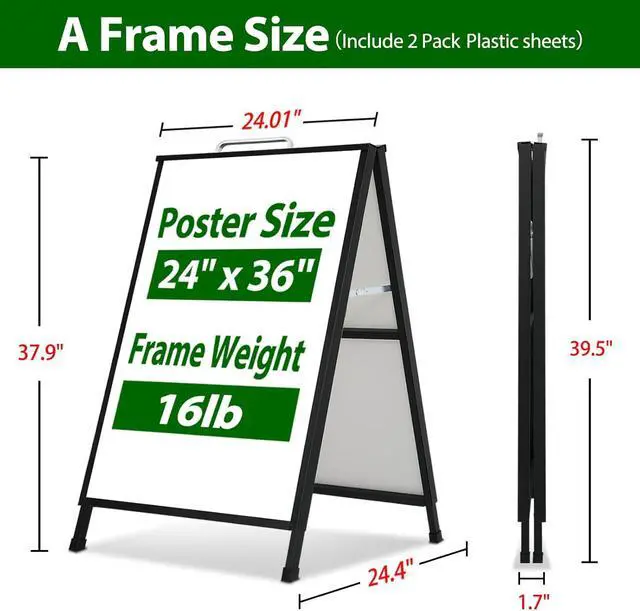 Alt view image 4 of 7 - A Frame Sidewalk Sign 24 x 36 Inch Outdoor, Double-Sided Folding Sandwich Board with Handle, Heavy Duty Metal Slide-in A-Frame for Business, Advertising, Party, with 2 Plastic Boards