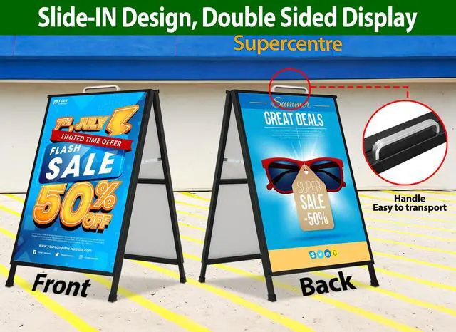 Alt view image 2 of 7 - A Frame Sidewalk Sign 24 x 36 Inch Outdoor, Double-Sided Folding Sandwich Board with Handle, Heavy Duty Metal Slide-in A-Frame for Business, Advertising, Party, with 2 Plastic Boards