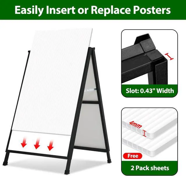 Alt view image 5 of 7 - A Frame Sidewalk Sign 24 x 36 Inch Outdoor, Double-Sided Folding Sandwich Board with Handle, Heavy Duty Metal Slide-in A-Frame for Business, Advertising, Party, with 2 Plastic Boards
