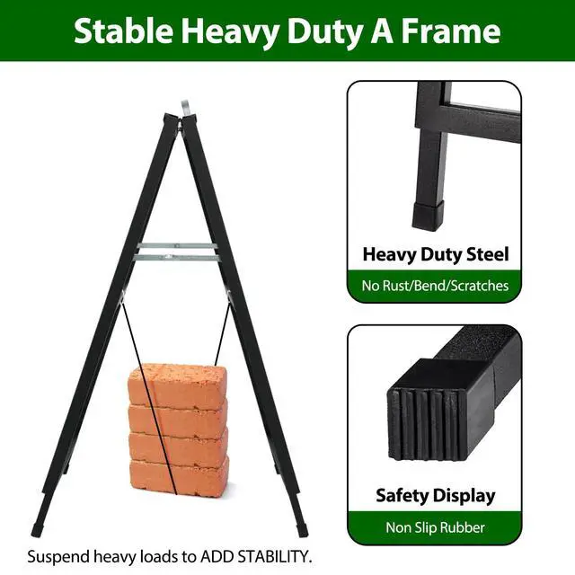 Alt view image 6 of 7 - A Frame Sidewalk Sign 24 x 36 Inch Outdoor, Double-Sided Folding Sandwich Board with Handle, Heavy Duty Metal Slide-in A-Frame for Business, Advertising, Party, with 2 Plastic Boards