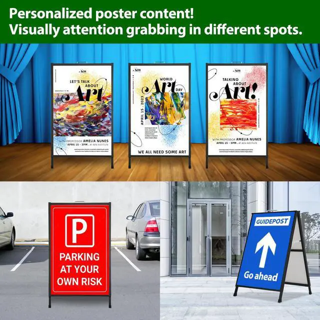 Alt view image 7 of 7 - A Frame Sidewalk Sign 24 x 36 Inch Outdoor, Double-Sided Folding Sandwich Board with Handle, Heavy Duty Metal Slide-in A-Frame for Business, Advertising, Party, with 2 Plastic Boards