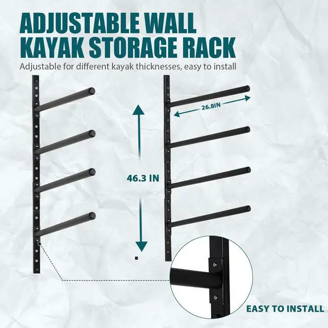 Alt view image 4 of 6 - Kayak Storage Rack, Adjustable Wall Mount Kayak Racks for Garage and Outdoor Storage, Heavy Duty Weight Capacity, 2 Level / 3 Level / 4 Level