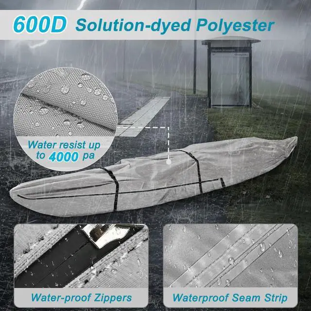 Alt view image 3 of 6 - Fade and Tear Resistant Trailerable Cover with Waterproof Zipper, 600D Marine Grade Heavy-Duty Waterproof Canoe Cover Fit for 12ft Kayak, Indoor/Outdoor Storage, Gray
