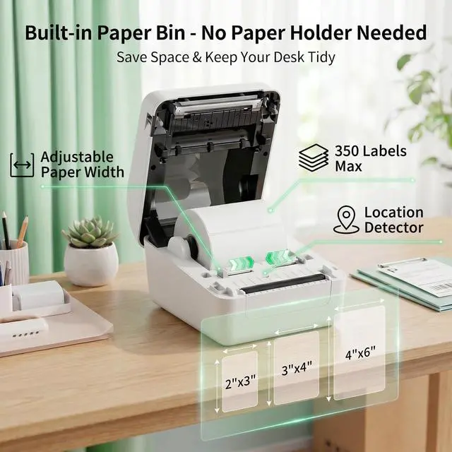 Alt view image 2 of 7 - Bluetooth Thermal Shipping Label Printer with Built-in Label Bin, Wireless 4x6 Label Printer for iPhone, Android, Windows & Mac, Includes 50 Labels, Works with USPS, UPS, Amazon, Etsy, Shopify, White