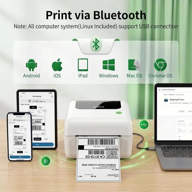 Alt view image 3 of 7 - Bluetooth Thermal Shipping Label Printer with Built-in Label Bin, Wireless 4x6 Label Printer for iPhone, Android, Windows & Mac, Includes 50 Labels, Works with USPS, UPS, Amazon, Etsy, Shopify, White