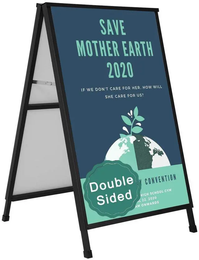 Main image of Heavy Duty A-Frame Sidewalk Sign 24 x 36 Inch, Portable Double-Sided Sandwich Board Slide-in Folding Metal Signboard with 2 Plastic Poster Boards