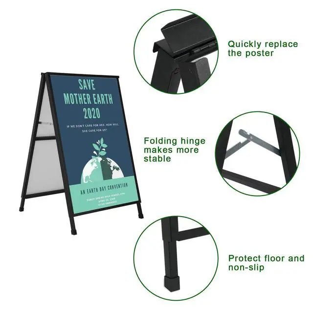Alt view image 3 of 7 - Heavy Duty A-Frame Sidewalk Sign 24 x 36 Inch, Portable Double-Sided Sandwich Board Slide-in Folding Metal Signboard with 2 Plastic Poster Boards