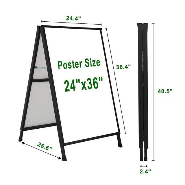 Alt view image 4 of 7 - Heavy Duty A-Frame Sidewalk Sign 24 x 36 Inch, Portable Double-Sided Sandwich Board Slide-in Folding Metal Signboard with 2 Plastic Poster Boards